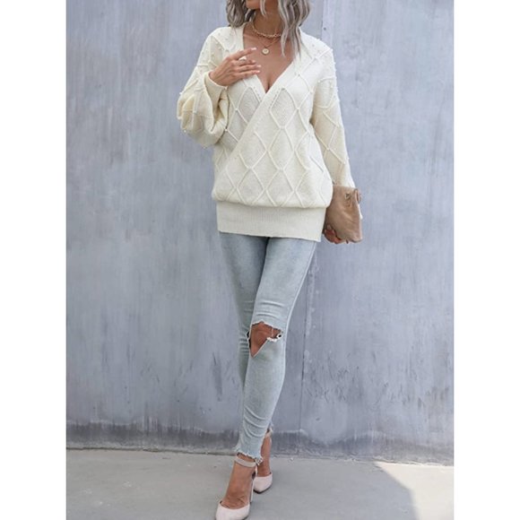 Off White Pearl Embellished Cable Knit Tie Front Wrap VNeck Long Sleeve Sweater - Picture 4 of 7